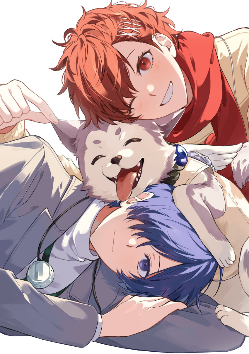 1boy, 1girl, absurdres, blue_eyes, blue_hair, brown_hair, commentary, dog, earphones_removed, grey_dog, grey_jacket, grin, hair_ornament, hair_over_one_eye, hairclip, hand_on_own_arm, head_rest, highres, jacket, koromaru_(persona), lying, mnce_o, on_side, one_eye_closed, open_mouth, persona, persona_3, persona_3_portable, pinching, pinching_ear, red_eyes, red_scarf, scarf, shiomi_kotone, shirt, smile, sweater, tongue, tongue_out, turtleneck, untranslatable_commentary, white_background, white_shirt, yellow_sweater, yuuki_makoto_(persona_3)