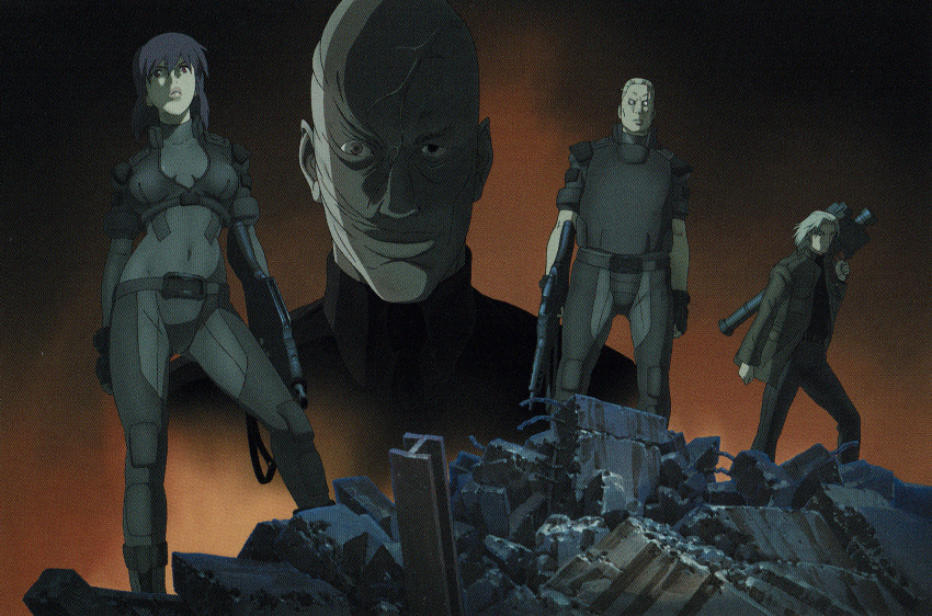 batou_(gits), ghost_in_the_shell, ghost_in_the_shell:_stand_alone_complex, highres, holding, holding_weapon, kusanagi_motoko, kuze_hideo