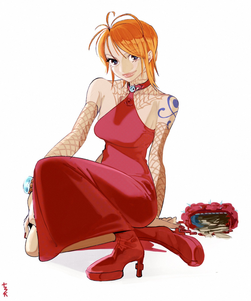 1girl, alternate_costume, bare_shoulders, bloodykn8ght, boots, bracelet, breasts, detached_sleeves