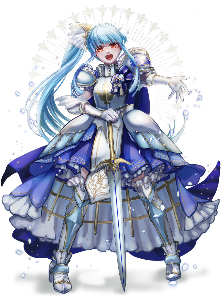 1girl, :d, aoi_dialogue, armor, azur_(sky_high), blue_dress, blue_hair, boots, chain_paradox, dress, full_body, glint, highres, long_hair, looking_at_viewer, ponytail, red_eyes, smile, solo, sword, transparent_background, very_long_hair, weapon