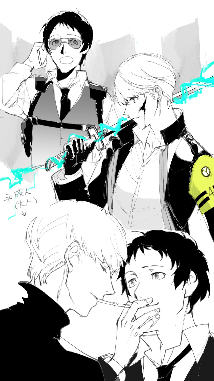 2boys, adachi_tooru, ajirostudio, alternate_costume, armband, blood, blood_on_face, closed_mouth