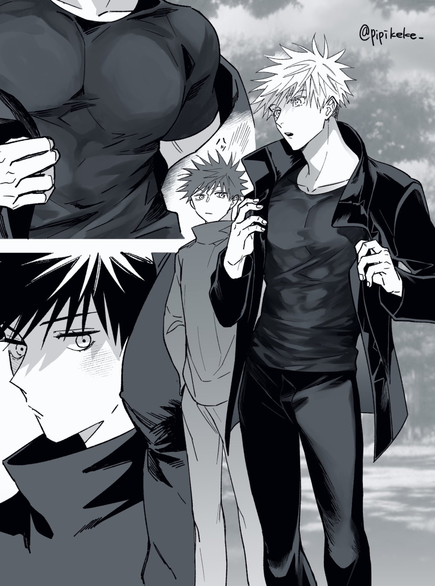 2boys, blush, closed_mouth, collarbone, commentary_request, covered_pectorals, fushiguro_megumi, gojou_satoru