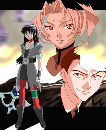 1boy, 2girls, bad_id, belt, black_belt, black_boots, black_dress, black_hair