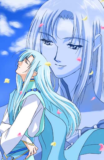1boy, angelique_(series), bad_id, blue_cape, blue_hair, blue_sky, blue_tunic, cape, closed_eyes, clouds, crossed_arms, falling_petals, half-closed_eyes, long_hair, long_sleeves, lumiale, male_focus, multiple_views, ouya_kei, petals, shirt, sky, sleeves_past_wrists, standing, tunic, white_shirt