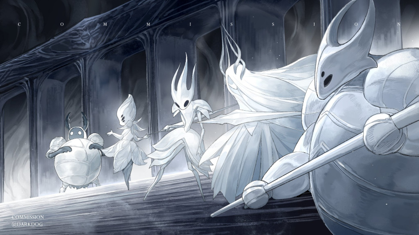 2boys, 3girls, armor, armored_dress, arthropod_boy, arthropod_girl, arthropod_horns, arthropod_limbs