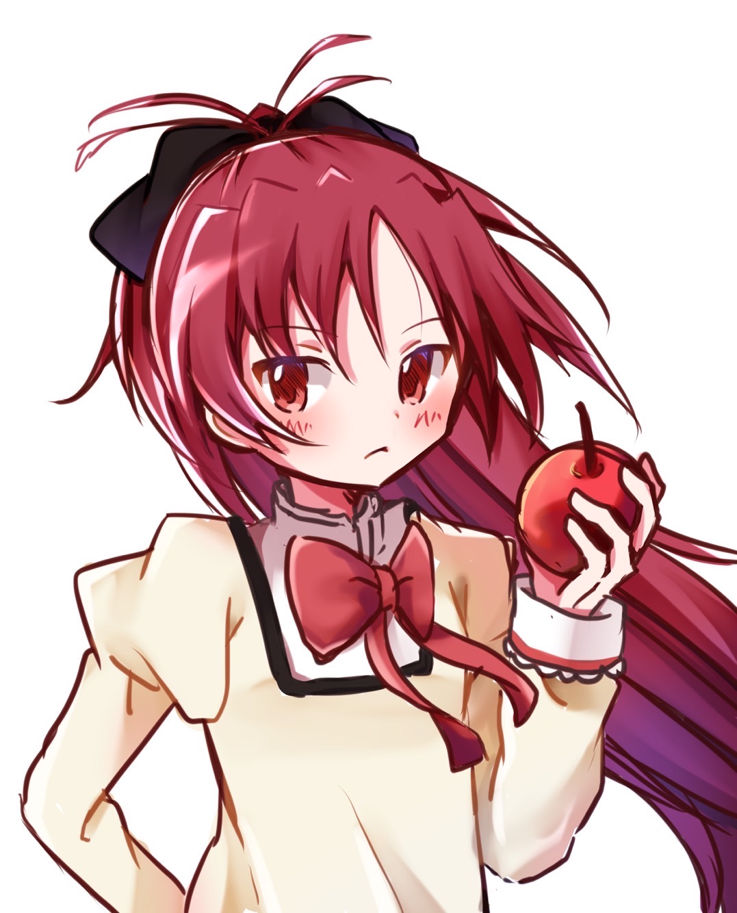 1girl, antenna_hair, apple, arm_behind_back, black_bow, bow, bowtie, closed_mouth