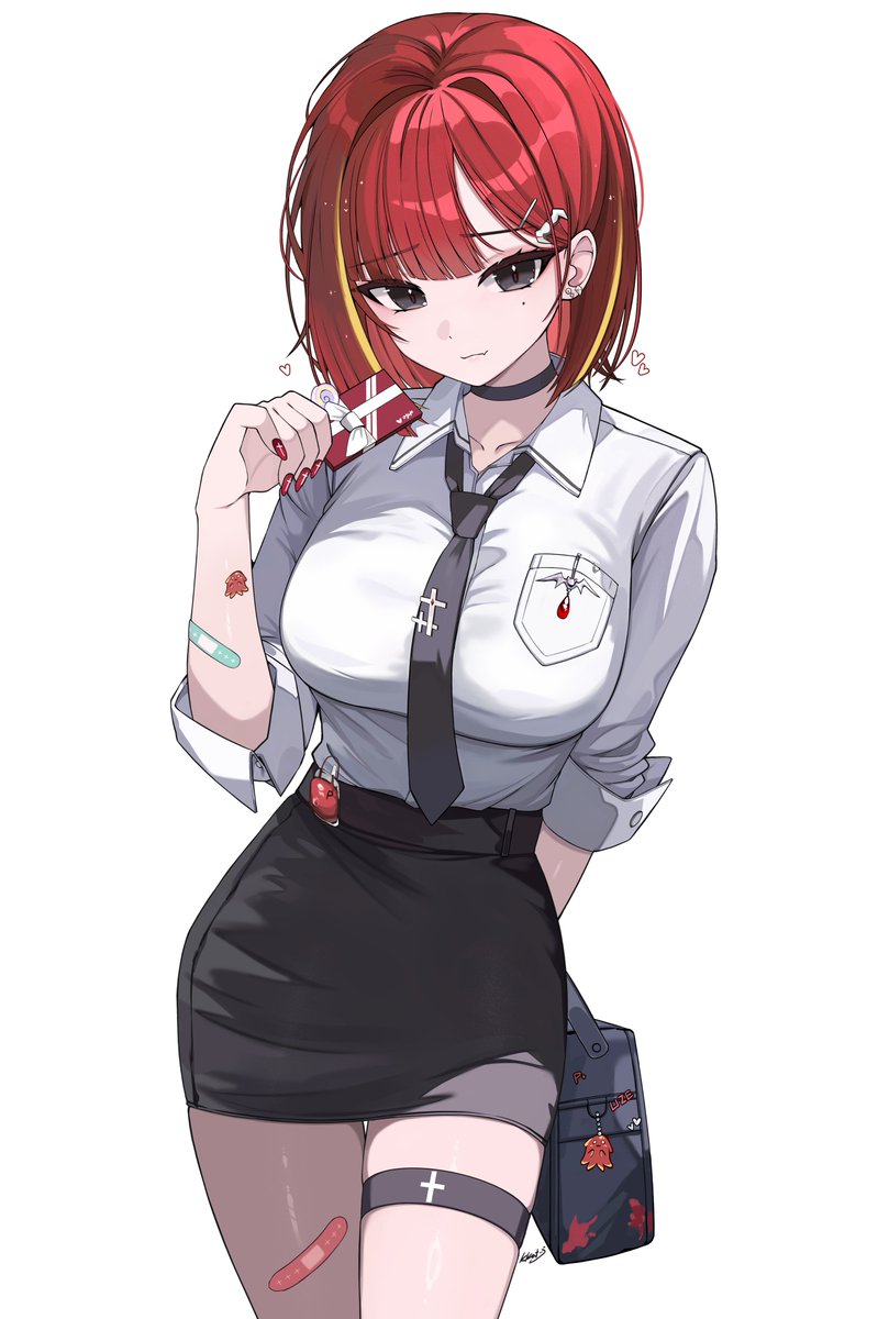 1girl, akane_lize, bag, bandaid, bandaid_on_arm, bandaid_on_thigh, black_bag, black_choker
