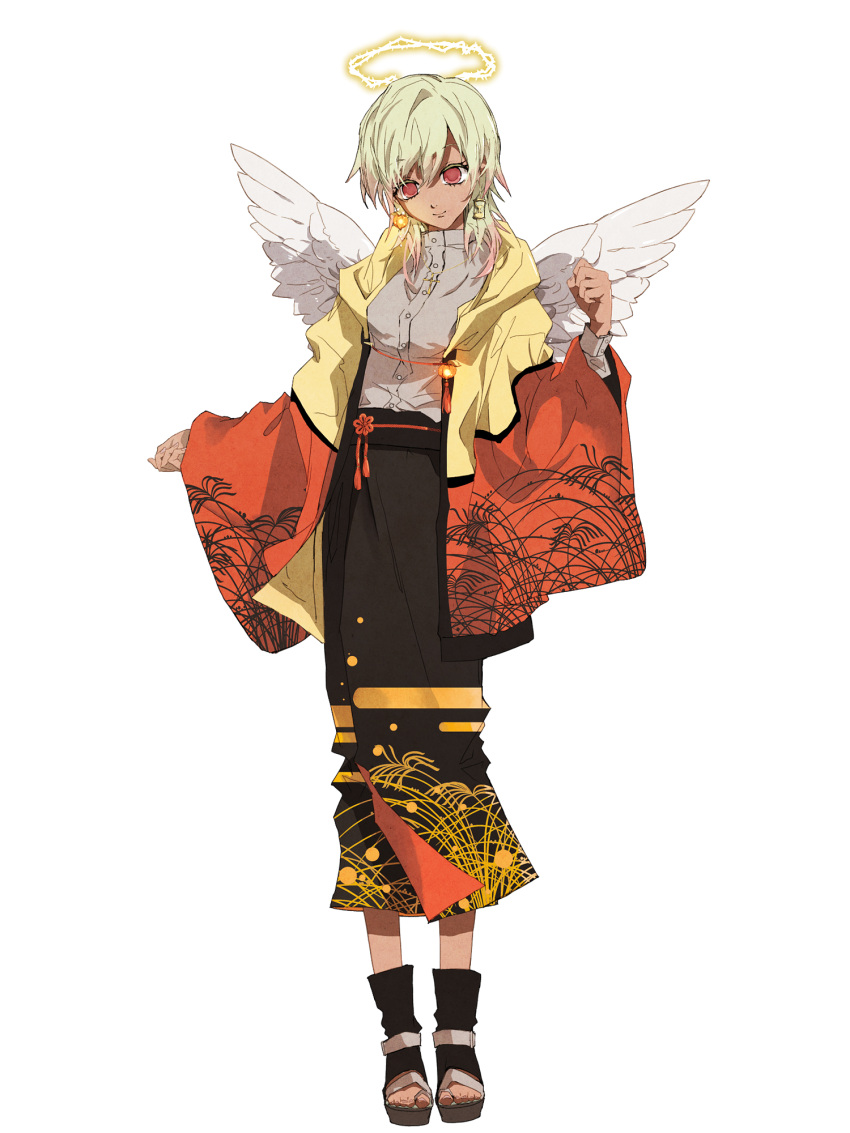 1girl, chain_paradox, clenched_hand, earrings, feathered_wings, grey_shirt, hakama, halo, highres, hourglass_earrings, jacket, japanese_clothes, jewelry, long_hair, looking_at_viewer, lulila_rhapsodia, open-toe_shoes, open_clothes, open_jacket, pbwyukke, print_hakama, red_eyes, sandals, shirt, solo, tan, transparent_background, white_wings, wide_sleeves, wings