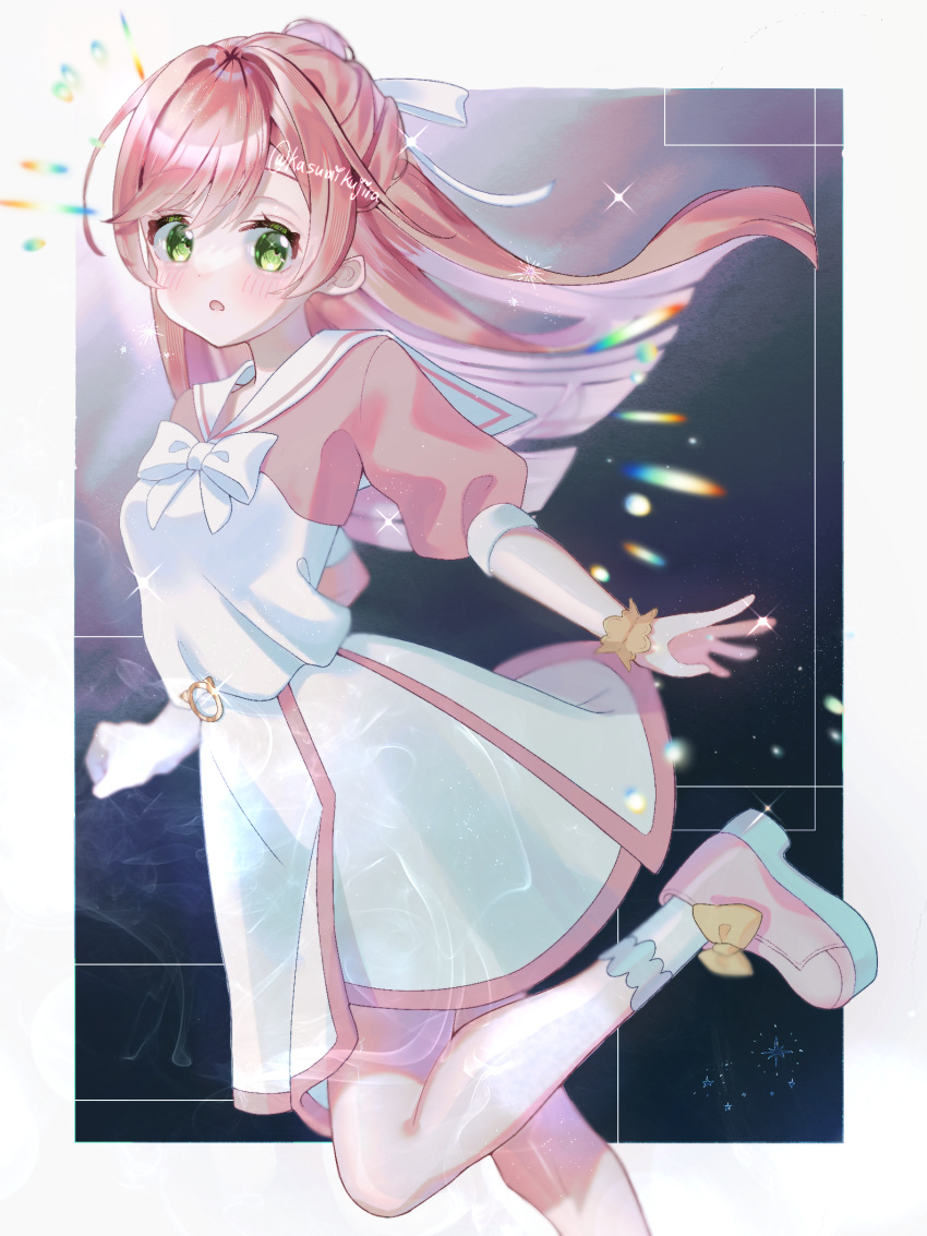 1girl, :o, bow, bowtie, casual, collared_dress, commentary, dispersion_(optics)