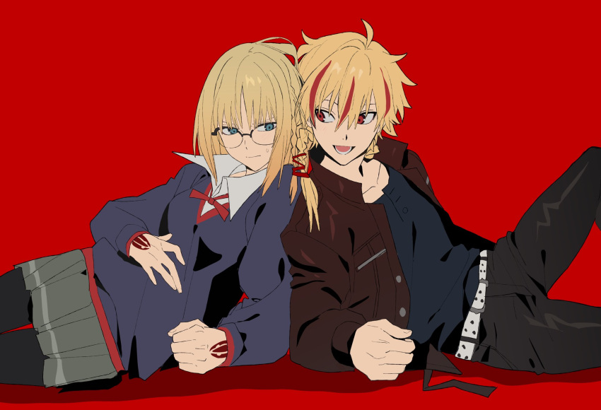 1boy, 1girl, ahoge, belt, betti_(xx_betti), black-framed_eyewear, black_pants, black_pantyhose, black_shirt, blonde_hair, blue_eyes, braid, brown_jacket, closed_mouth, command_spell, fate/strange_fake, fate_(series), glasses, grey_skirt, highres, jacket, long_hair, long_sleeves, looking_at_another, lower_teeth_only, multicolored_hair, open_clothes, open_jacket, open_mouth, pants, pantyhose, pleated_skirt, red_background, red_eyes, red_hair, richard_i_(fate), richard_i_(second_ascension)_(fate), sajou_ayaka_(fate/strange_fake), shirt, simple_background, sitting, skirt, smile, streaked_hair, sweatdrop, teeth, two-tone_hair, white_belt