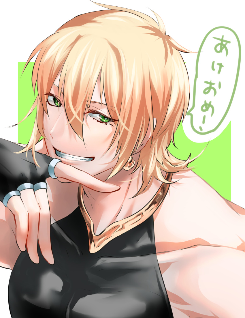 1boy, absurdres, bare_shoulders, black_gloves, blonde_hair, commentary_request, earrings, fate/grand_order