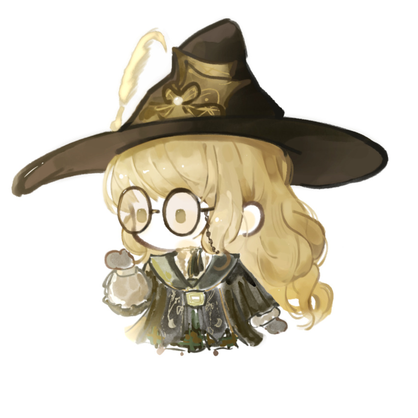 1girl, ascot, black-framed_eyewear, black_ascot, black_gloves, black_hat, black_robe, blonde_hair