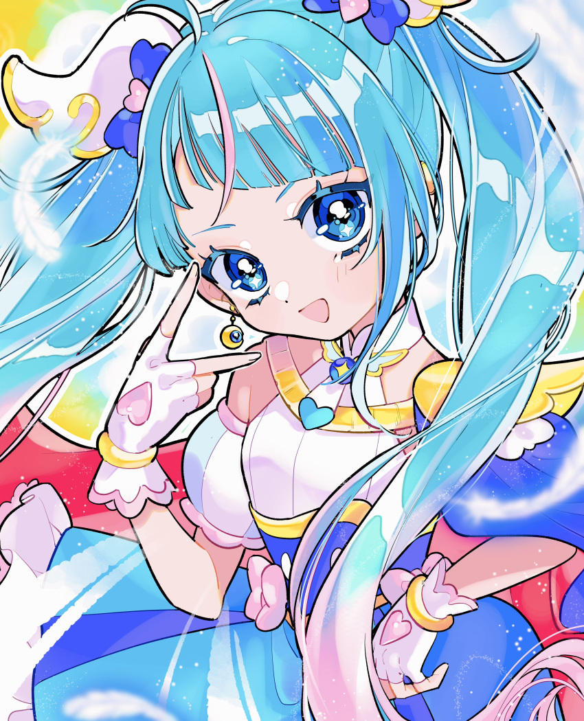 1girl, absurdres, amaharu_wasure, blue_cape, blue_dress, blue_eyes, blue_hair, bow