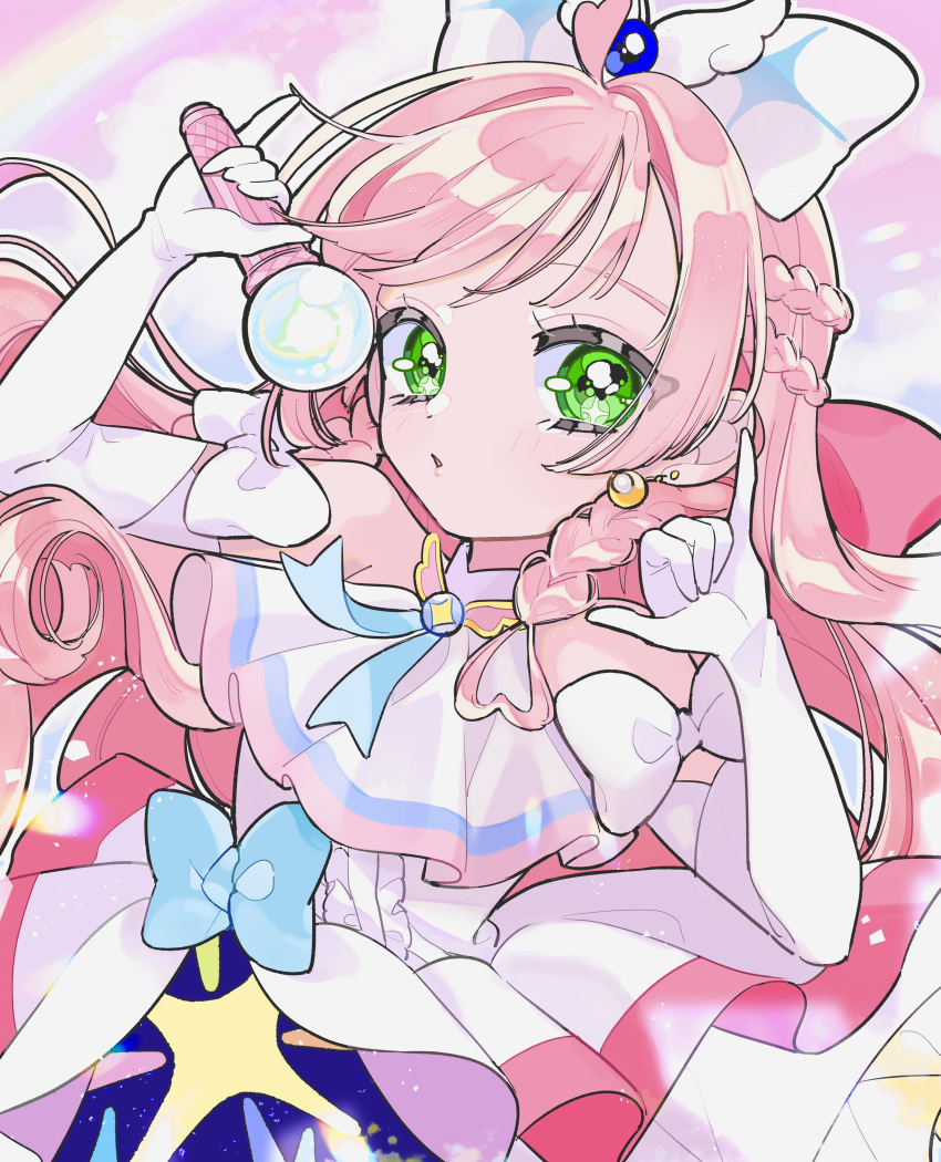 1girl, :o, \m/, absurdres, amaharu_wasure, ascot, blue_bow, bow
