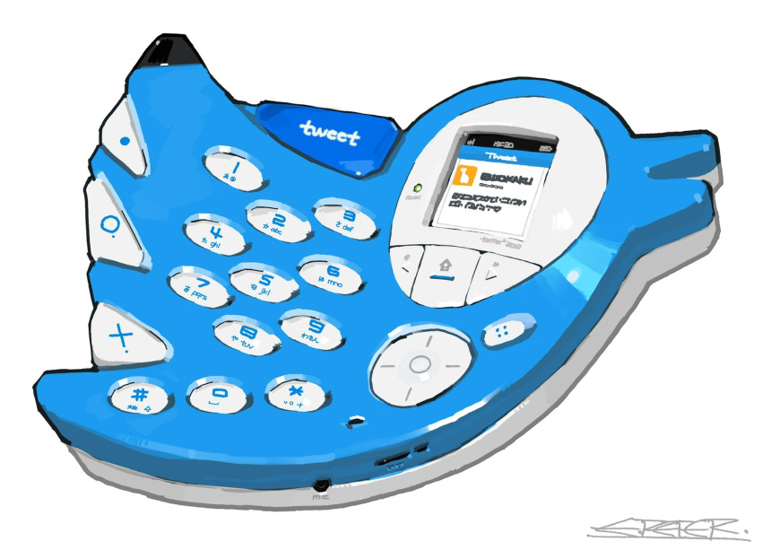 cellphone, commentary_request, feature_phone, highres, no_humans, object_focus, peter_(peter6409), phone, signature, simple_background, still_life, twitter, twitter_bird, white_background