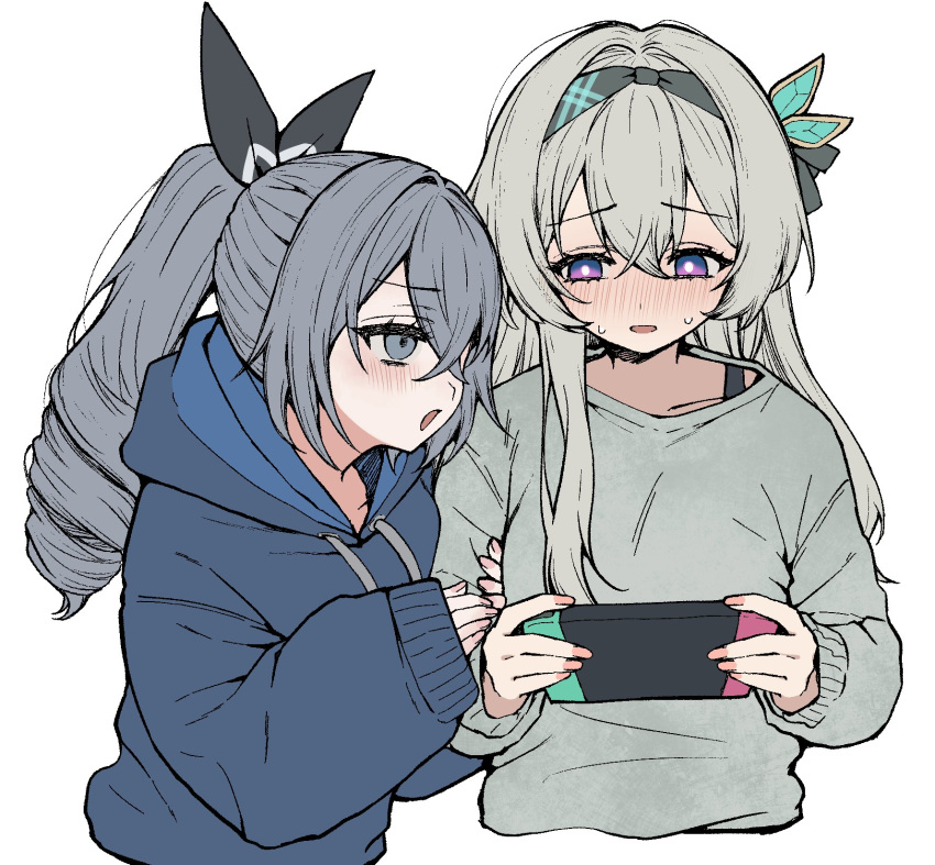 2girls, alternate_costume, arm_hug, black_hairband, blue_hoodie, blush, bra_strap, bright_pupils