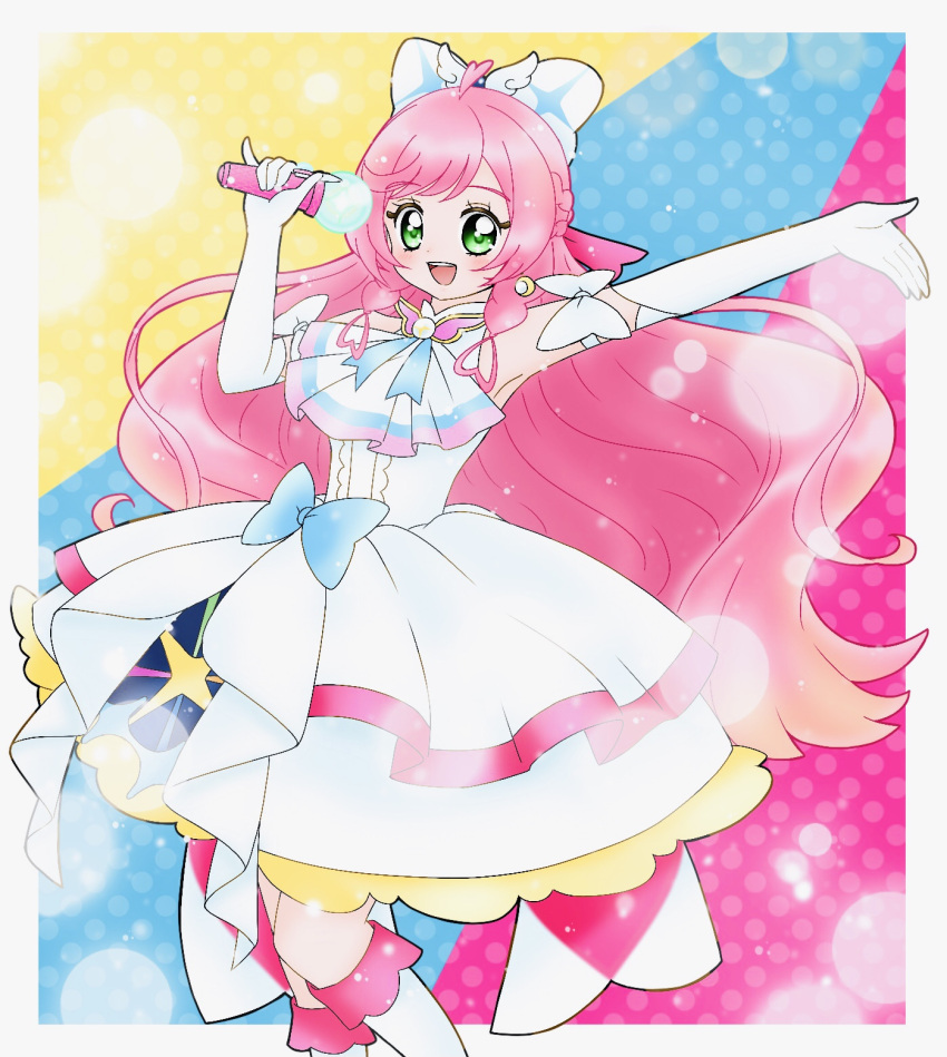 1girl, arm_up, ascot, blue_background, blue_bow, boots, bow, braid