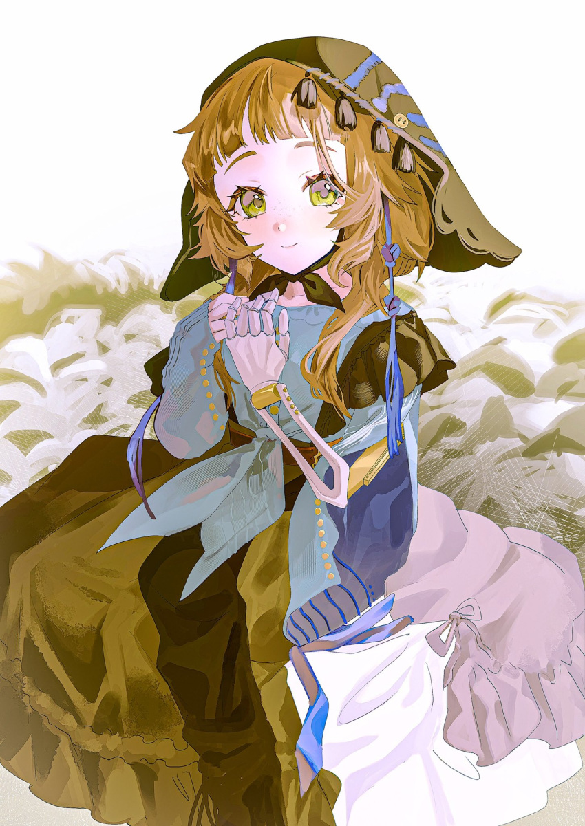 1girl, black_coif, black_skirt, blue_shirt, chinstrap, closed_mouth, commentary_request, coppelia_(reverse:1999)