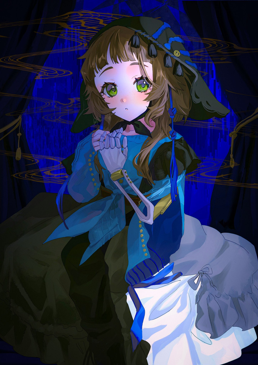 1girl, :o, black_background, black_coif, black_skirt, blue_background, blue_shirt, chinstrap