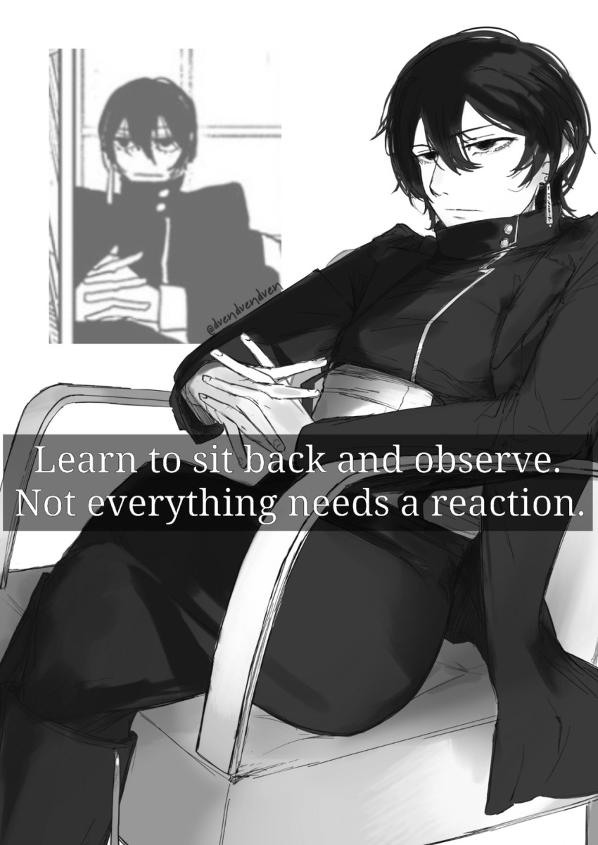 1girl, crossed_legs, dvendvendven, earrings, english_text, greyscale, highres, interlocked_fingers, jacket, jewelry, kagari_hiyuki, kagurabachi, long_sleeves, meme, monochrome, pants, photo_inset, reference_inset, ribbon_earrings, shirt, short_hair, sitting, solo