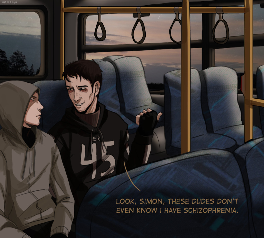 2boys, afraid_of_monsters, bags_under_eyes, black_gloves, black_hair, black_hoodie, bus_interior, creator_connection