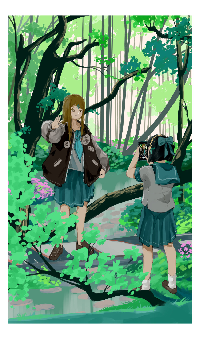 2girls, absurdres, aqua_bow, aqua_necktie, aqua_ribbon, aqua_sailor_collar, aqua_skirt, arm_up