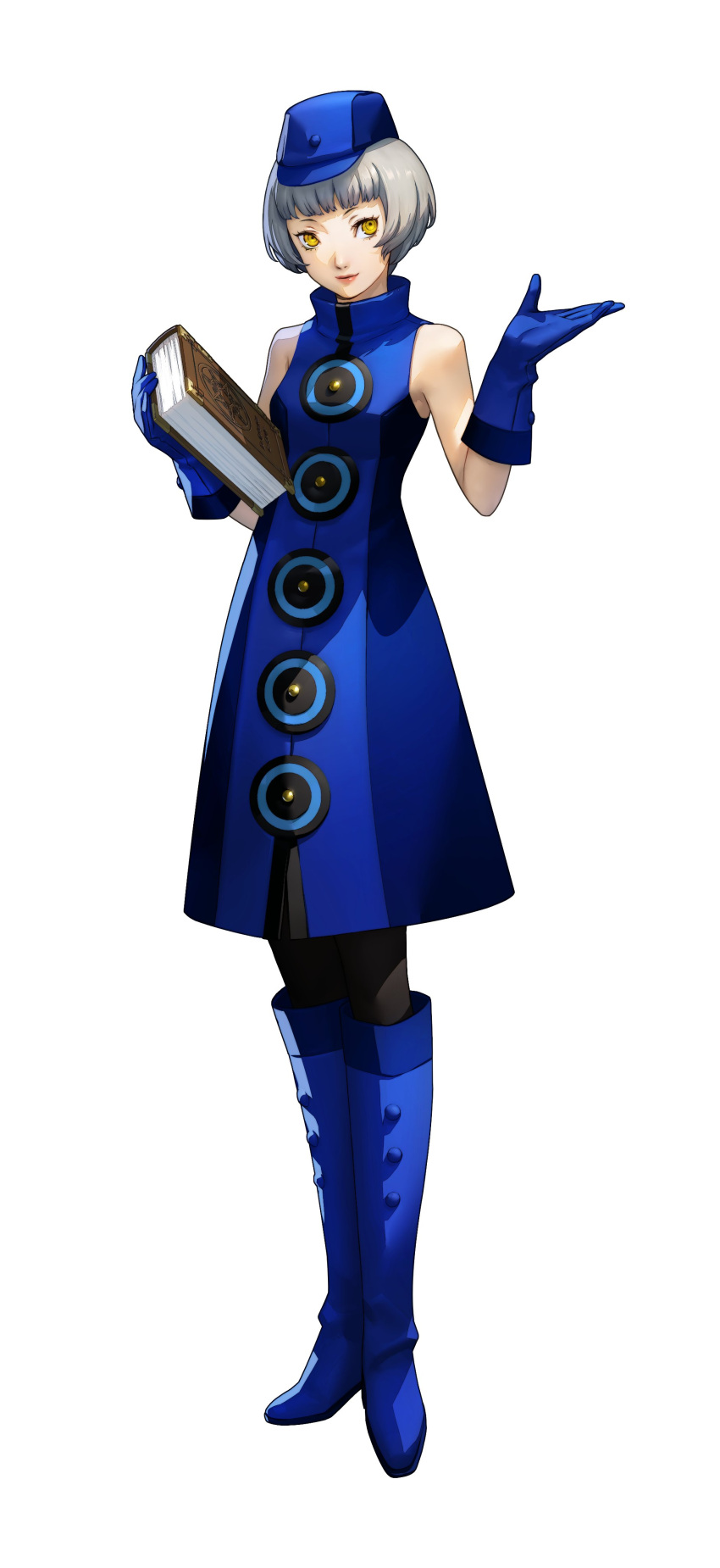 1girl, absurdres, black_pantyhose, blue_boots, blue_dress, blue_gloves, blue_hat, blue_pants