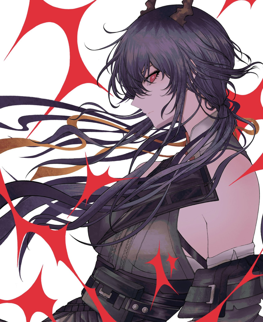 1girl, arknights, bare_shoulders, belt, black_coat, blue_hair, breasts, ch'en_(arknights)
