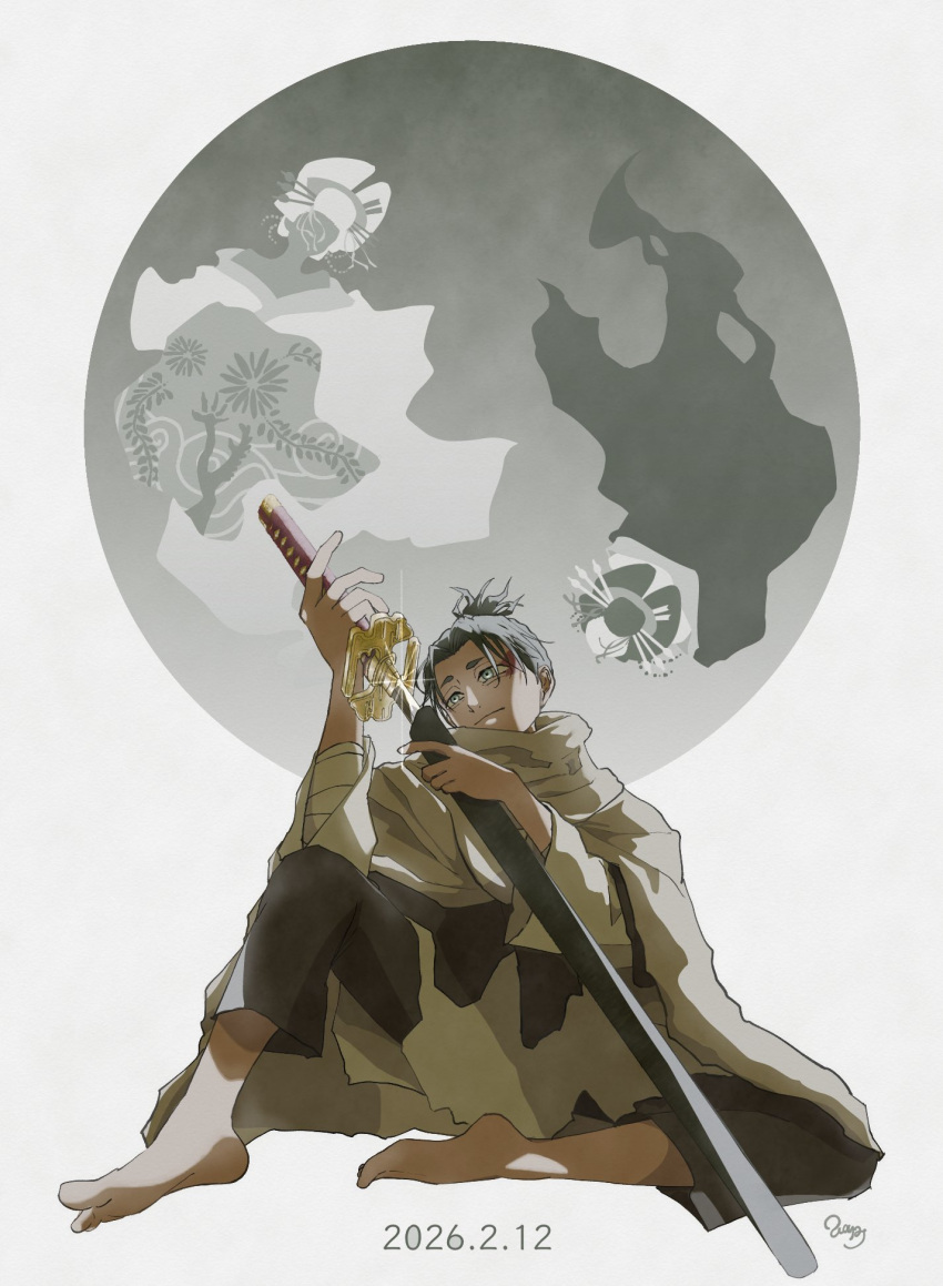 1boy, 2girls, cloak, collared_cloak, commentary_request, highres, holding, holding_sheath
