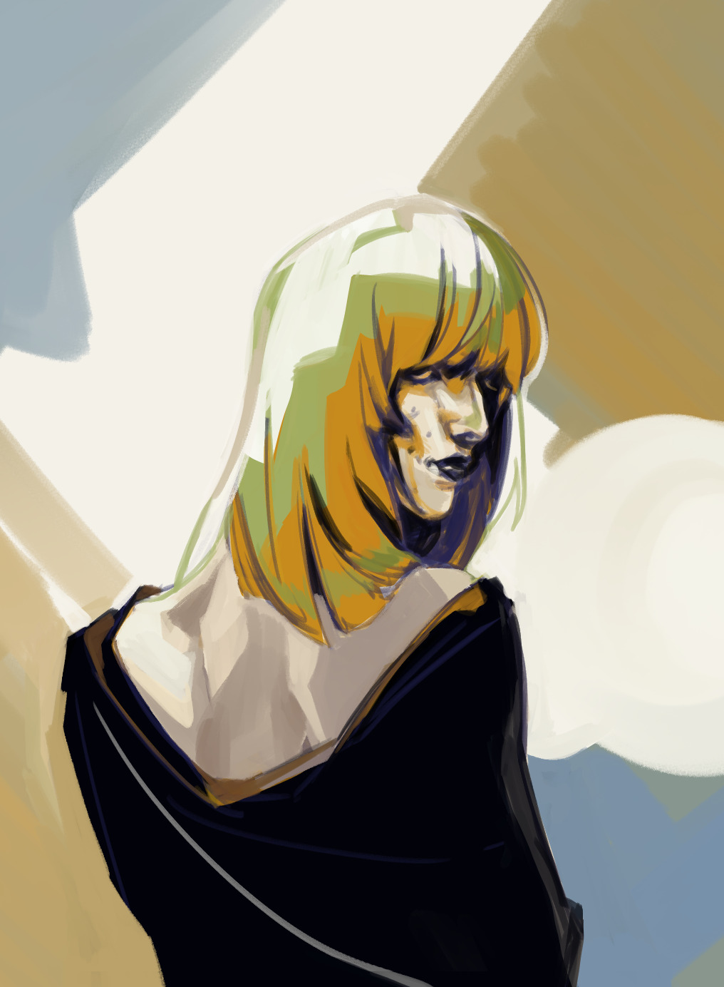1girl, black_lips, black_shirt, blonde_hair, blunt_bangs, commentary, disco_elysium, english_commentary
