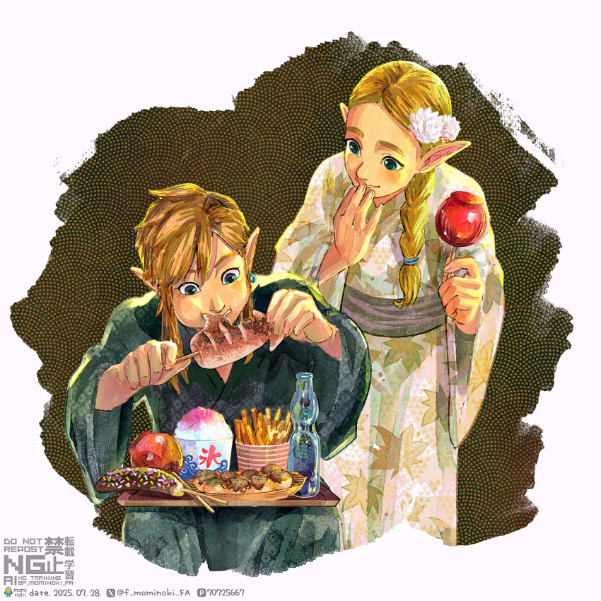 1boy, 1girl, alternate_costume, blue_eyes, braid, brown_hair, candy_apple, chocolate-covered_food, chocolate_banana, earrings, eating, english_text, food, french_fries, fuyumaru_mominoki, green_eyes, green_kimono, highres, japanese_clothes, jewelry, kimono, link, pointy_ears, princess_zelda, shaved_ice, smile, the_legend_of_zelda, the_legend_of_zelda:_breath_of_the_wild, white_kimono