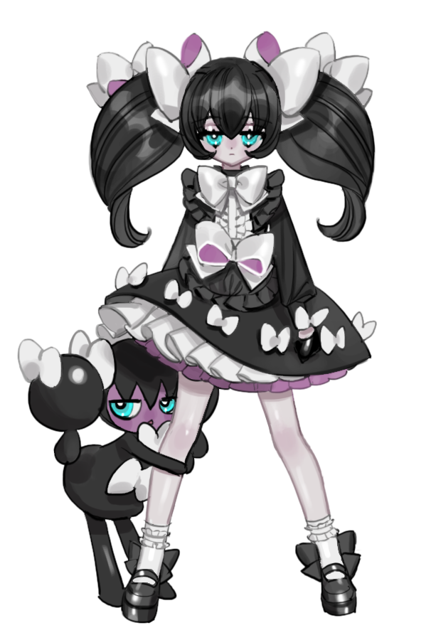 1girl, black_dress, black_hair, blue_eyes, bow, dress, gothic_lolita, gothorita, hair_ribbon, lolita_fashion, mary_janes, mumukyabi, nintendo, pantyhose, personification, pokemon, pokemon_(creature), ribbon, shoes, simple_background, socks, standing, twintails, white_background, white_pantyhose
