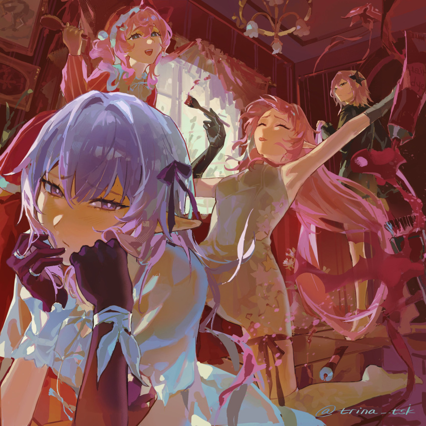 4girls, absurdres, asymmetrical_gloves, black_dress, black_gloves, breasts, castorice_(honkai:_star_rail), chandelier