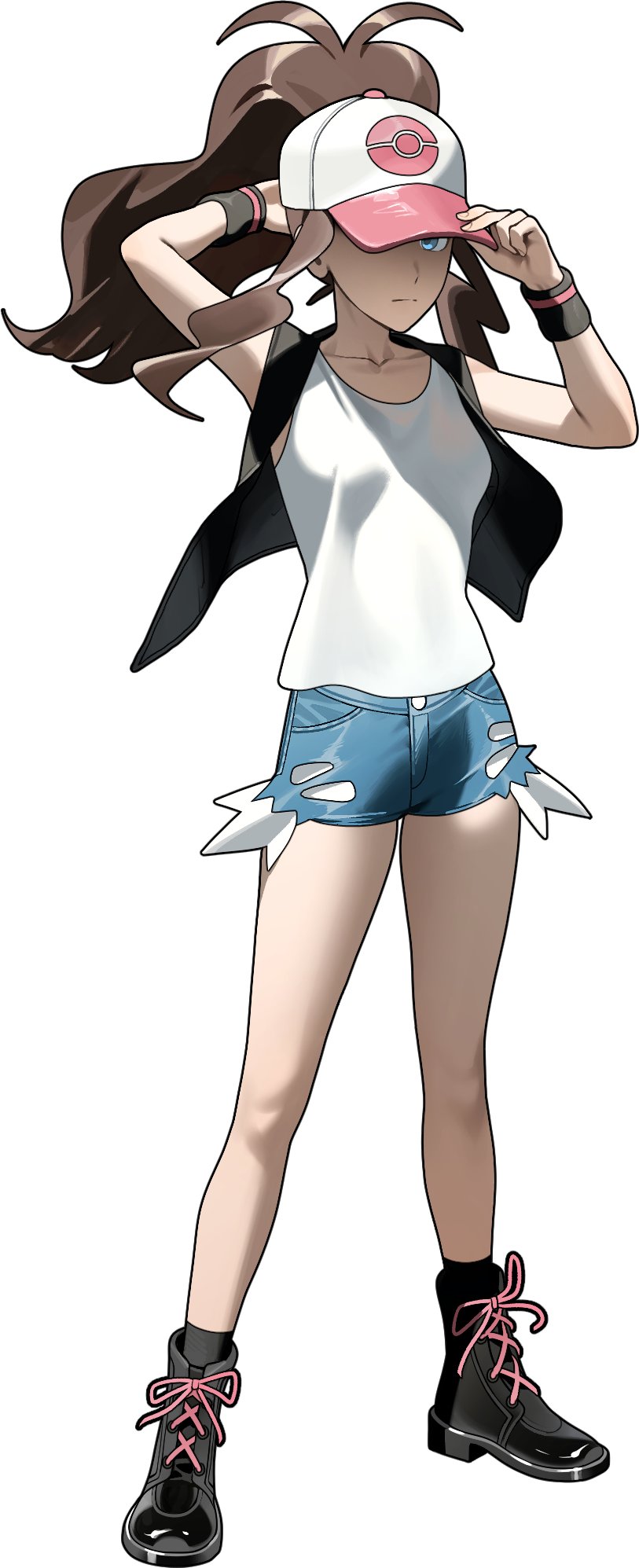 1girl, 987645321o, baseball_cap, black_boots, black_socks, black_vest, blue_eyes, boots, breasts, brown_hair, closed_mouth, collarbone, cutoffs, denim, denim_shorts, exposed_pocket, full_body, hashtag-only_commentary, hat, high_ponytail, highres, hilda_(pokemon), long_hair, looking_at_viewer, open_clothes, open_vest, pokemon, pokemon_bw, ponytail, shirt, shorts, sidelocks, simple_background, small_breasts, socks, solo, vest, white_background, white_shirt, wristband