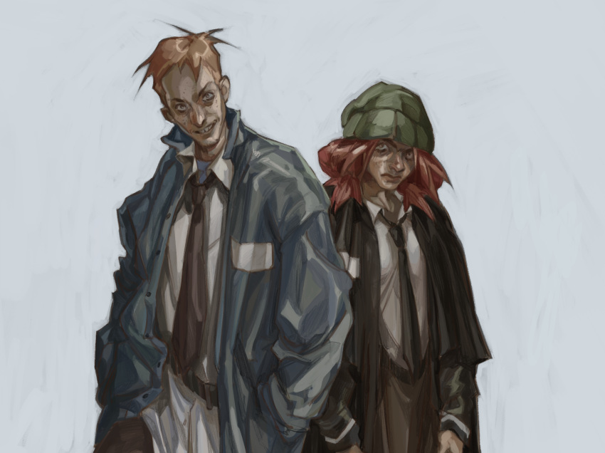 >:), 1boy, 1girl, aged_up, beanie, belt, black_coat, black_necktie