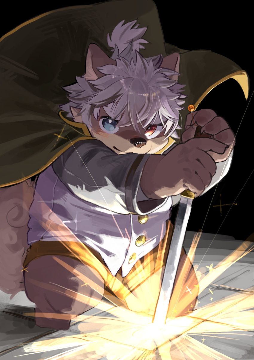 1boy, animal_ears, black_background, blush, cape, claws, closed_mouth, dog_boy