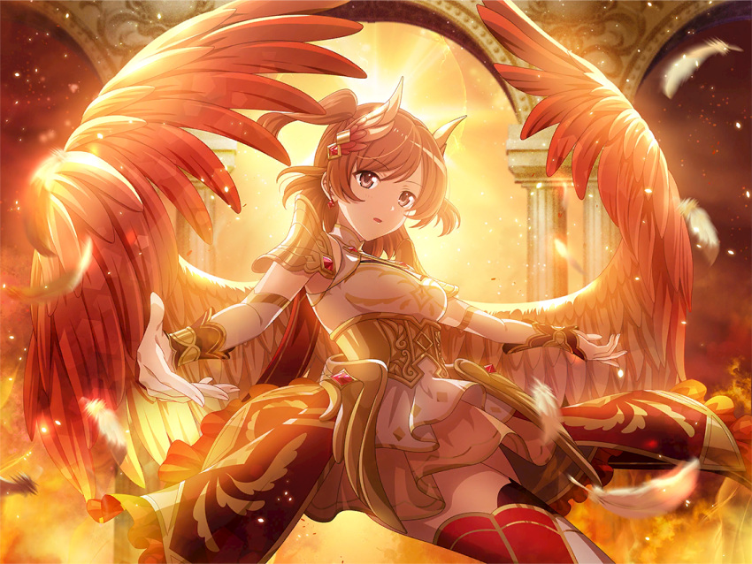 1girl, aijou_karen, archangel_uriel, archangel_uriel_(cosplay), armor, backlighting, breasts, brown_eyes, brown_hair, cosplay, dress, earrings, fake_horns, fake_wings, falling_feathers, feathered_wings, feathers, game_cg, horns, jewelry, looking_at_viewer, medium_breasts, official_art, orange_wings, outstretched_arms, parted_lips, pillar, short_hair, shoujo_kageki_revue_starlight, shoujo_kageki_revue_starlight_-re_live-, shoulder_armor, solo, swept_bangs, the_bible, two_side_up, upper_body, white_dress, wings, wrist_guards, yellow_theme
