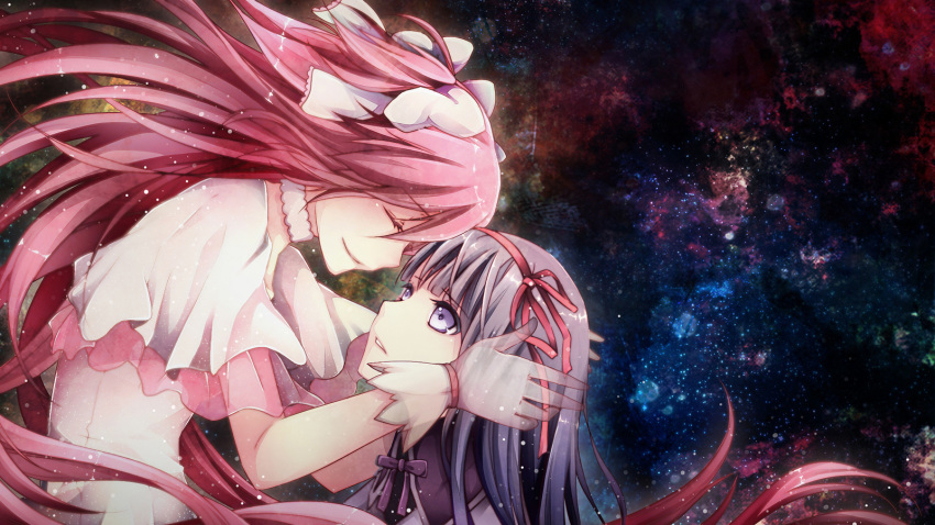 akemi_homura, black_hair, closed_eyes, dress, eyes_closed, gloves, goddess_madoka, highres