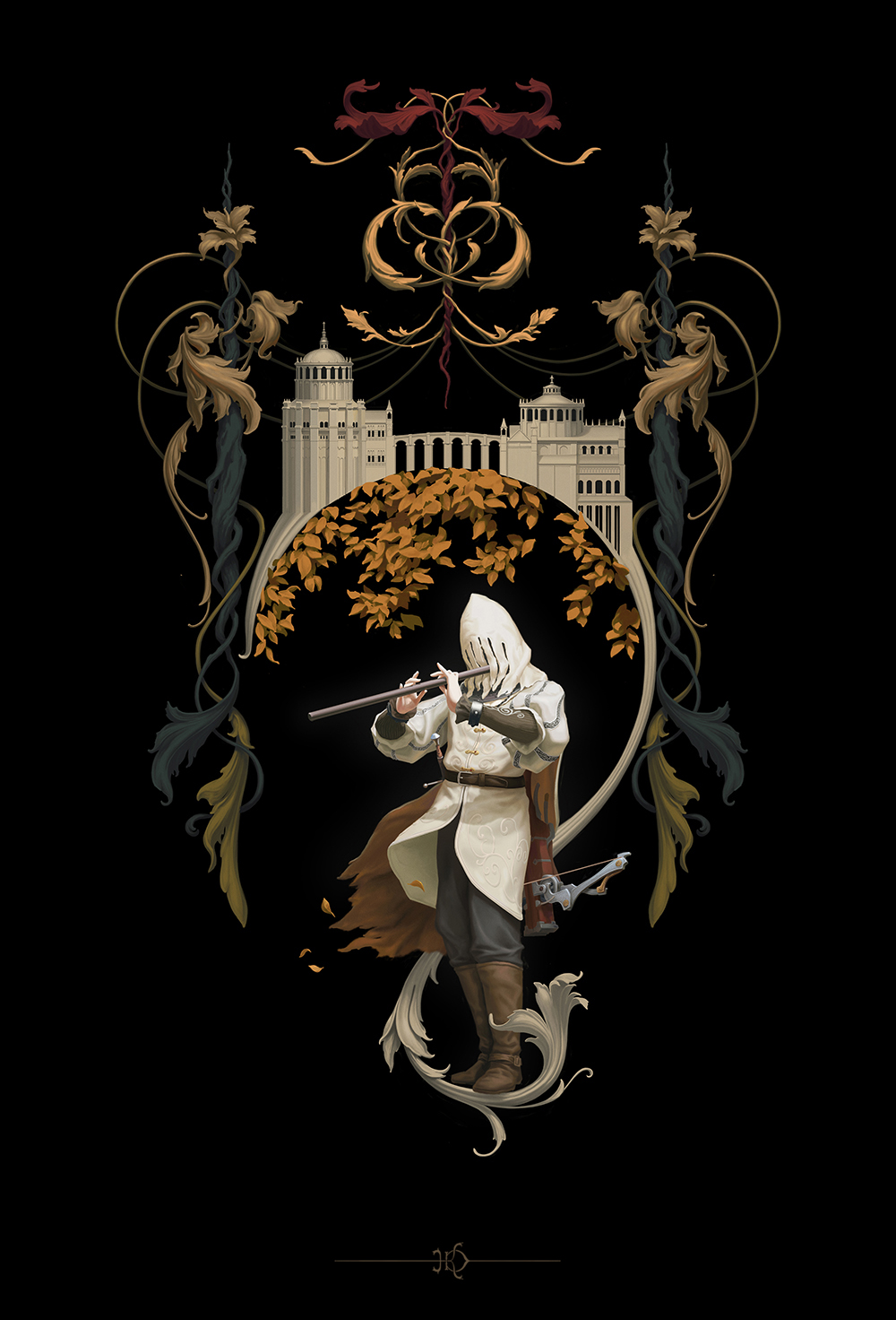 ambiguous_gender, boots, border, building, elden_ring, elden_ring_(object), flute, full_body, highres, hood_over_eyes, instrument, leaf, music, ornate_border, page_(elden_ring), playing_flute, playing_instrument, repeating_crossbow, solo, standing, stanton_feng, tunic, white_tunic