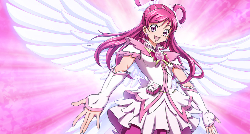 angel_wings, cure_dream, earrings, elbow_gloves, fingerless_gloves, flower, gensou, gensou_(mopoepei)