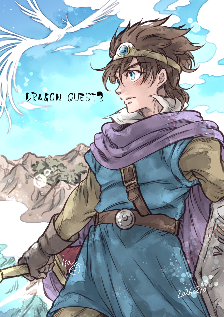 1boy, absurdres, belt, bird, blue_eyes, blue_gem, blue_tunic, blush