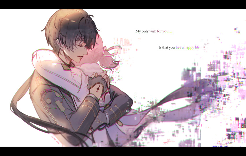 1boy, 1girl, absurdres, aged_down, allenerie, black_gloves, black_hair, closed_eyes