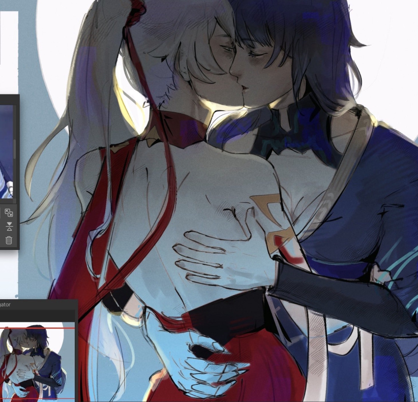 2girls, art_program_in_frame, closed_eyes, commentary, english_commentary, fioresacros, highres, honkai_(series)