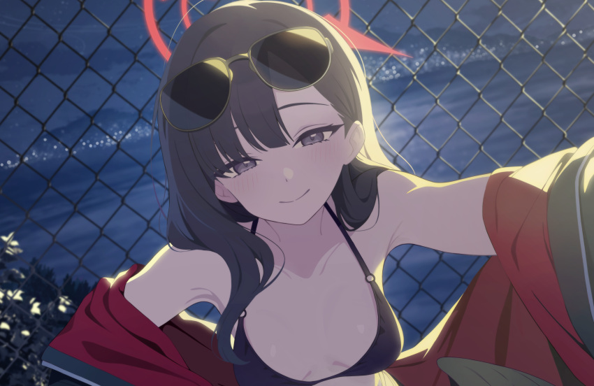 1girl, bare_shoulders, bikini, black_bikini, black_hair, black_jacket, blue_archive, dutch_angle