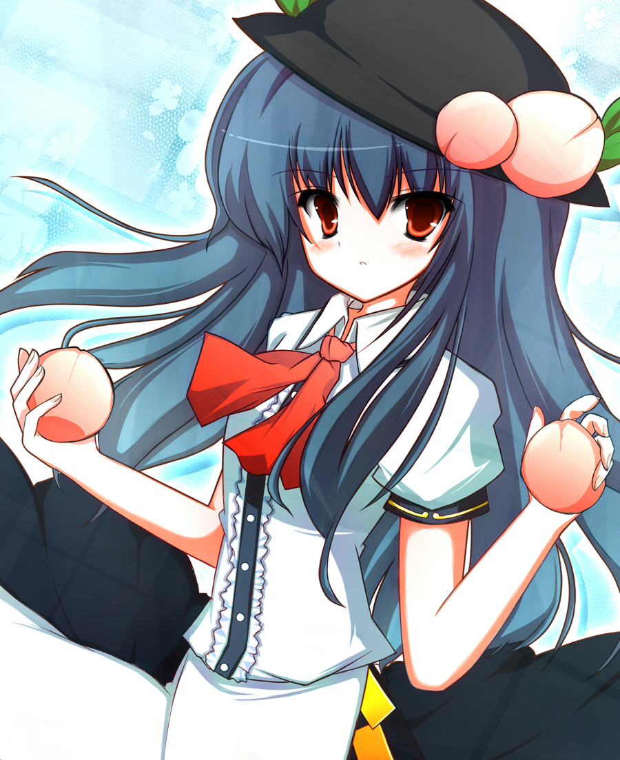 bad_id, blue_hair, blush, bow, dress, food, fruit, hat