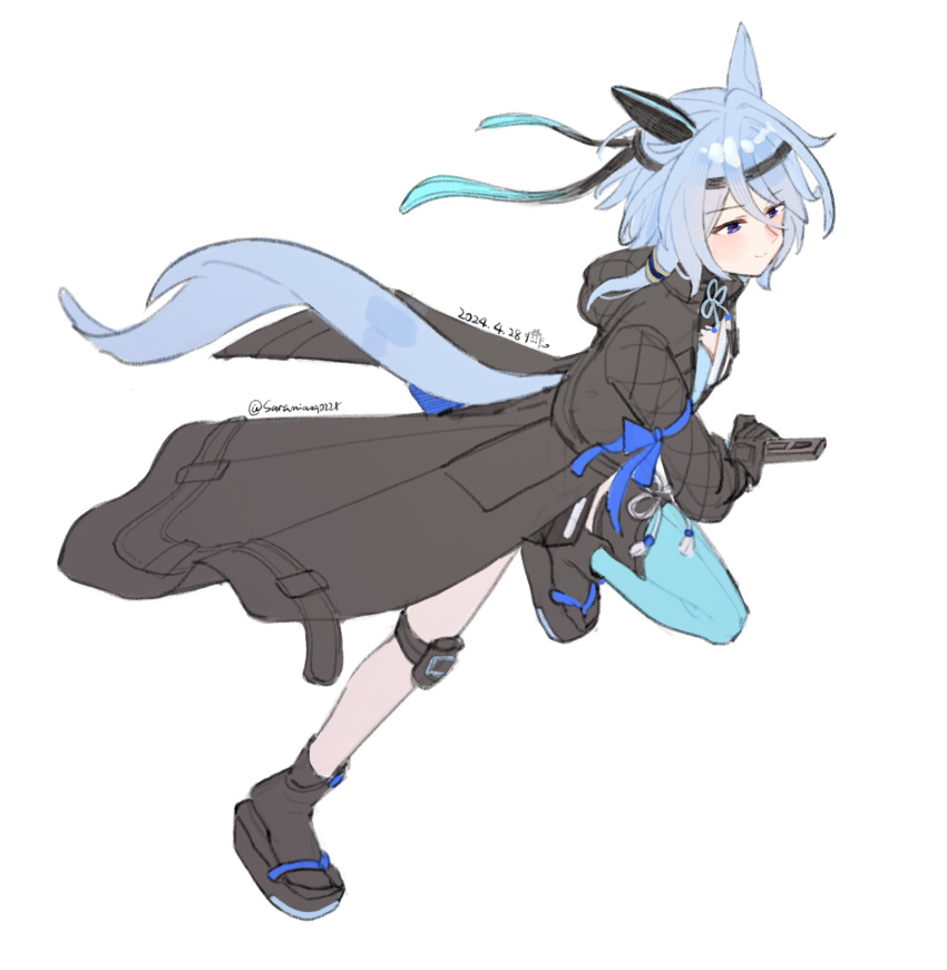1girl, animal_ears, black_coat, black_headband, black_socks, blue_eyes, blue_hair, blue_thighhighs