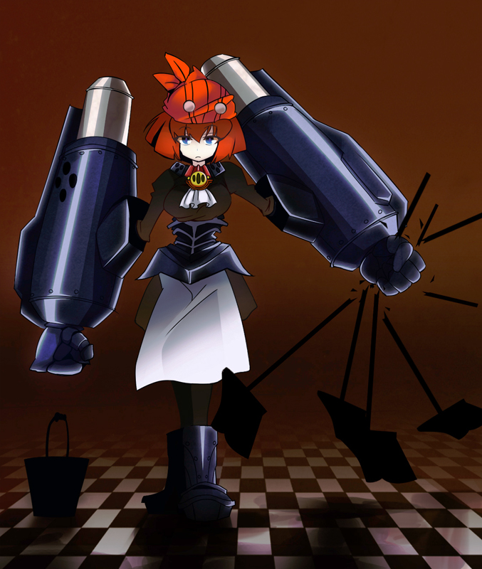 android, apron, bandana, big_o_(mecha), blue_eyes, bob_cut, boots, bucket
