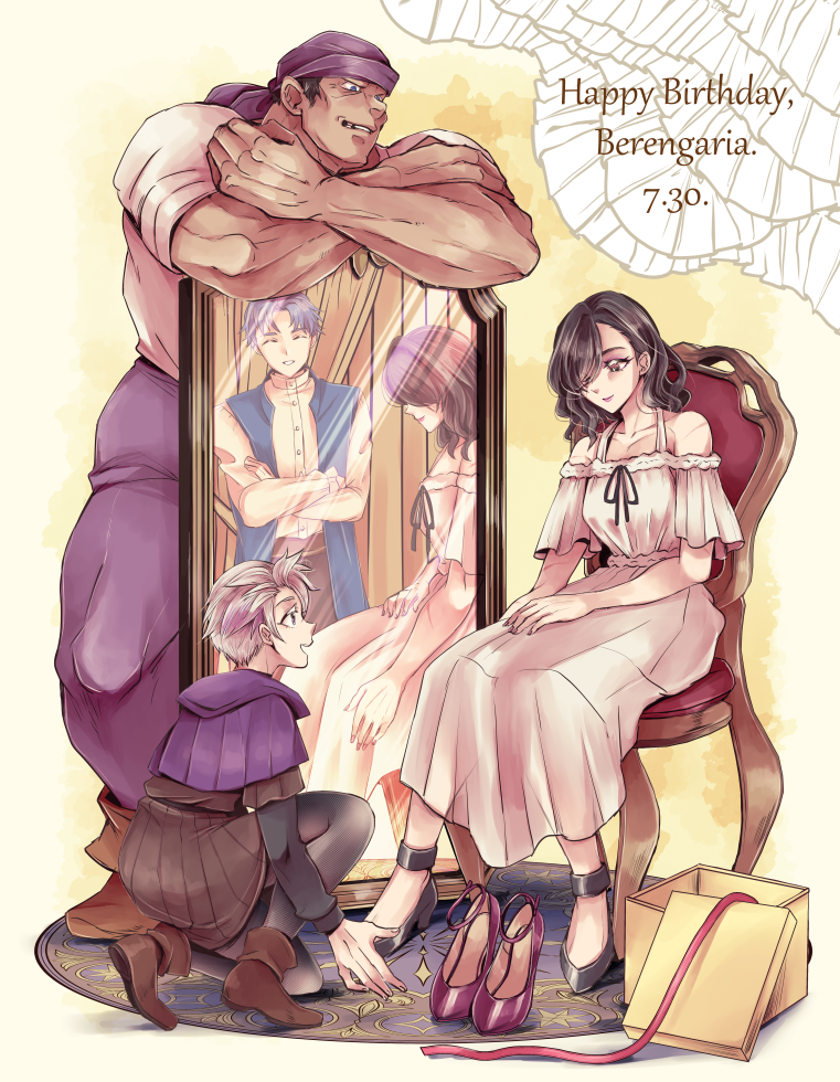 1girl, 4boys, alain_(unicorn_overlord), alternate_costume, berengaria_(unicorn_overlord), black_hair, blue_hair, blue_vest, bruno_(unicorn_overlord), chair, character_name, closed_eyes, closed_mouth, commentary_request, crossed_arms, dress, grey_hair, hair_over_one_eye, happy_birthday, high_heels, long_hair, mirror, multiple_boys, muscular, muscular_male, one_eye_covered, open_mouth, pants, profile, purple_pants, reflection, shirt, short_hair, sitting, smile, travis_(unicorn_overlord), unicorn_overlord, vest, white_dress, white_shirt, yk_(waikeee)