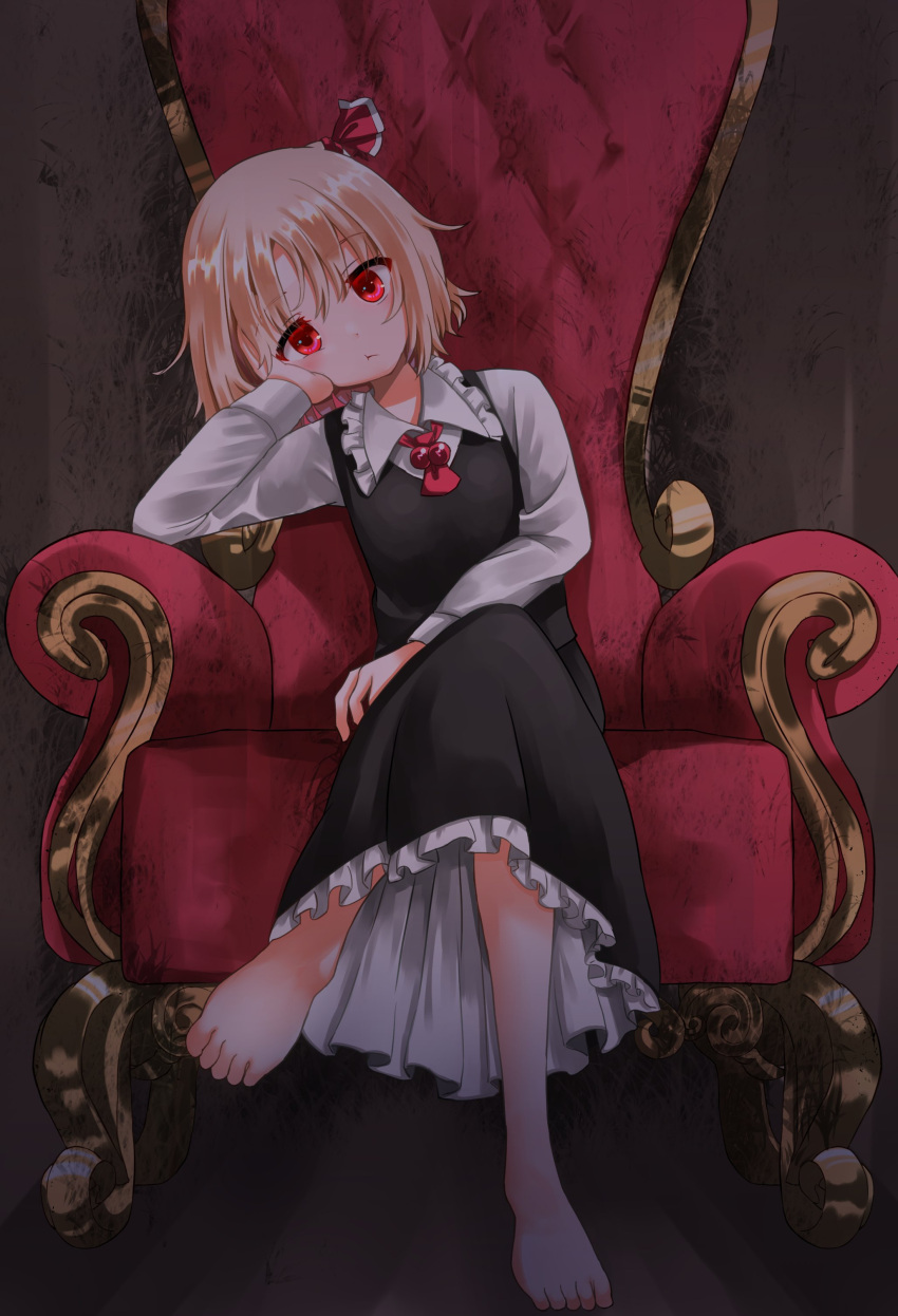 1girl, absurdres, ascot, barefoot, black_skirt, black_vest, blonde_hair, closed_mouth