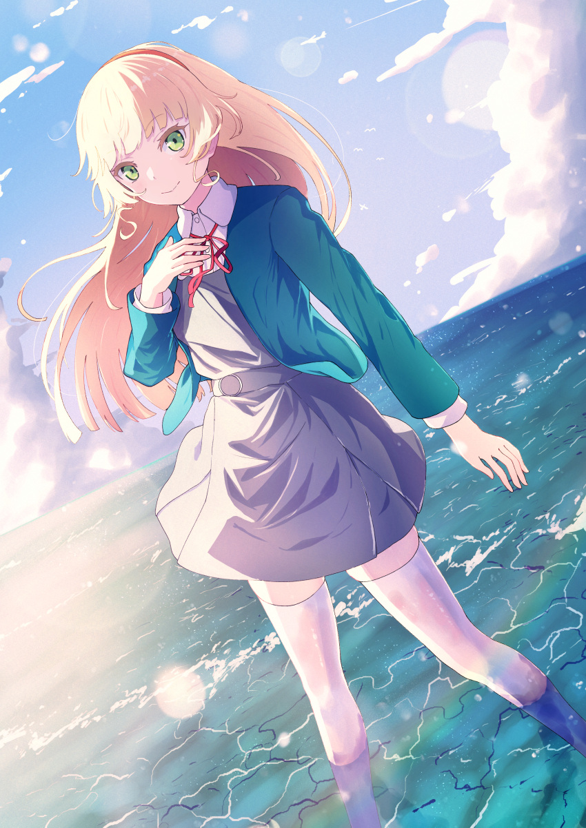 1girl, absurdres, aoi_eno, blonde_hair, blue_jacket, blue_sky, clouds, commentary_request